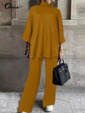Celmia 2022 Spring 2pcs Knitted Pant Sets Women High Collar 3/4 Sleeve Top Fashion Wide Leg Long Pants Casual Loose Brushed