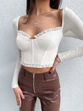 Patchwork Cropped Tops Women Y2K Lace Skinny Square Collar Korean Fashion Corset Sexy Long Sleeve 2021 Autumn