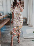 Women Summer Short Sleeve Boho Dresses Belt Office Lady Elegant Button Lapel Shirt Dress Spring Printing Draped Long Party
