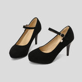 Women Super High Heel Suede Leather Dress Shoes Casual Platform Vintage Mary Janes Pumps Strap Buckle Thin Heels Large Plus