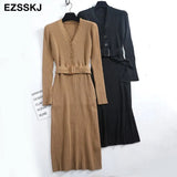 Winter Knit Long Dress Women Casual V Neck Slim Bodycon Sweater Dresses Office Lady THICK Button Dress With