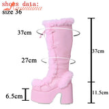 New Pink White Platform Women Knee-high Boots 2023 Winter Warm Plush Flock Gothic Style Chunky Heel Punk Women Shoes