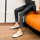 quality leather shoes metal chains flat women round toe mules spring autumn single moccasins female comfy slip on