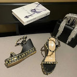 Sandals Woman Leather Suit Female Beige High Heels Shoes Muffins shoe Clogs Wedge Open Toe Low-heeled Studded Black