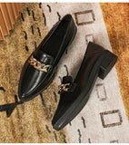 Metal chain pointed toe oxford shoes women 2023 flats thick heels loafers preppy girls small leather shoes woman