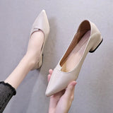 Breakj Women Leather Pumps Shoes Office Lady Med Square Heel Pointy Toe Slip on Work Shoes Classic Heel 4 Cm High Heels