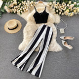 2021 Women Suit 2 Piece Set Short High Waist Black and White Striped Wide Leg Pants Sexy Party Club Women 2 Piece