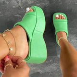 Platform Slippers for Women Square Toe PU Leather Wedge Sandals Woman Summer 2022 Thick Bottom Female Flip
