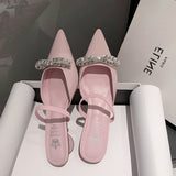 Powder ~ Huge Beauty! Laint Ered Pink Half Head Cool Slippers Women Wear Summer Silver Pointed