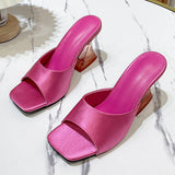 Breakj High Heel Slippers Female Summer Square Head Solid Color A Word Wear Fashion Versatile Ladies Large Size
