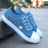 Women Denim Canvas Flats Casual Vulcanized Female Fashion Summer Lace-up Sneakers Ladies Chain Metal Platform Comfort