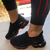 Vulcanize Shoes Rivet Suede Wedges Shoes for Women Sneakers Women Fashion Slip-On Casual Flat Shoes Plues Size Black