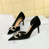 Breakj Banquet High Heels Fine Heel Shallow Mouth Tip Side Hollow Out And Thick Suede Water Diamond Button Bow Single