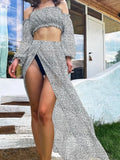 Women Fashion Print Perspective Party Suit Two Piece New Sexy Wrap Chest Short Top Slit Skirt Suit 2022 Summer Casual Beach
