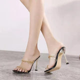 Metal Chain Female Slippers Sandals Black Gold Transparent Strap High Thin Heels Women Flip Flops Shoes Pantufa