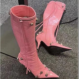 Breakj Pointy High Heel Side Open Zipper Rivets Buckle Large Size And Knee Boots