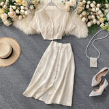 New Summer Women Casual V Neck Single Breasted Crop Tops High Waist A-line Solid Color Skirt Two Piece