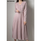 Elegant V-neck Single-breasted Women Thicken Sweater Dress 2021 Autumn Winter Knitted Belted Female A-line soft