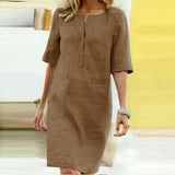 2020 Winter Autumn Button Cotton Linen Dress women Elegant O-Neck Knee length Long Sleeve Pocket Solid Dress Plus Size