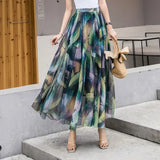 Skirts 2019 Summer Mesh Flower Print Elastic Waist Bohemian A-Line Sweet Chiffon Long Female Bottoms Ladies Casual