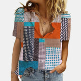 Women Elegant Office Simple Turn-down Collar Cartoon Print Casual Shirt Fashion Summer Short Sleeves Button Cardigan