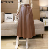 Chic High Waist Sashes Belted Women PU Leather Skirts Autumn Winter Stylish Loose Midi Female Faux PU Skirts
