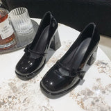 2024 New Bow Buckle Belt Single Shoes Sweet Vintage French Pink Thick High Heels Mary Jane Shoes