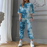Spring Summer New Women O Neck Print Fashion Casual Set Elegant Mid Sleeves Long Pants Loose Pullover Soft Streetwear