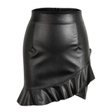 Vintage Ruffles Irregular Skirt Sexy PU Leather Party Skirts Solid Bodycon Pencil Mini Skirt Female Faux Leather Skirt