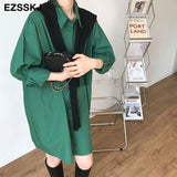 Summer Blouses Shirts dress women A-LINE midi blouse dress Female green white Oversized Shirts dress long