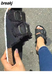 Summer Women Fashion Canvas Cork Slippers Casual Double Buckle Tassel Clogs Slides Non-slip Outside