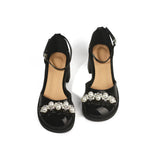 Breakj New Shallow Mouth Thick With Rhinestone Pearl Sandals Women A Word With Round Head Korean Version Single Shoes Mary Jane Women's