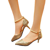 Breakj Sandals Women's Spring 2025 New Korean Version One-字 Buttoned Pearl Tip Fine And Frosted High Heel Single