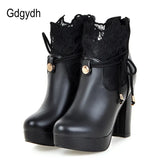 2021 Lace Ankle Boots Thick High Heeled Female Short Boots Round Toe Platform Ladies Shoes White Wedding Shoes Plus