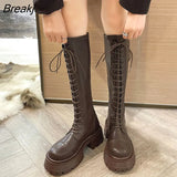 Winter British Style Women Knee High Boots Thick Sole Heel Round Toe Zipper Ladies Fashion Long Boots Knight