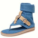 Breakj Flat Sandal Ladies Denim Leather Belt Button Plus Size 40-43 High Beal