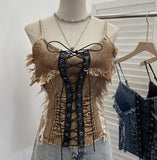 Real Shooting Do The Old Fur Side Of The Denim Splicing Pu Skin Lace Sling Vest Short Without Sleeve Top