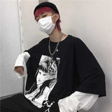 Harajuku T-shirt Women Fake 2 Pieces Print Japanese Fujiang Horror Comics Long Sleeve Shirt Women Vetement Femme