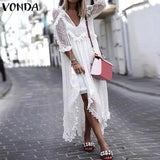 VONDA Summer Sexy White Lace Dress 2022 Women V-Neck Dot Hollow Asymmetrical Hem Dress Bohemian Holiday Vestidos Party