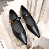Toe Soft leather mary janes shoes woman ankle strap chunky heel loafers ballet flats metal buckle OL shoes plus size