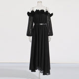 French Elegant Wind Shoulder Dress Dress 2025 New Splicing Three-Dimensional Flowers Decorated Long Dress