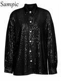 Elegant Female Y2K Sequins Club Shirt Tops 2022 Green Spring Summer Fashion Loose Sexy Party Women Long Sleeve T
