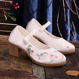 Breakj Heel Square With Women's Shoes A Word Buckle Shallow Spring And Summer New Embroidered Cloth Shoes With Horse Face Skirt High Heel Embroidered