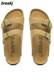 2023 New Summer Men Cork Slipper Casual Beach Double Buckle Non-slip Outside Nubuck Leather Slip on Slides