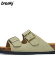 2023 New Summer Men Cork Slipper Casual Beach Double Buckle Non-slip Outside Nubuck Leather Slip on Slides
