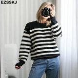 thick stirped oversize Sweater Pullovers Women Casual o-neck lantern Sleeve Sweater puff sleeve big size