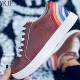 Lace Up PU Leather Flats Shoes Ladies Platform Fashion Vulcanized Shoes Female Crocodile Pattern Casual Footwear