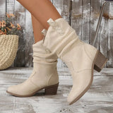 Breakj Mid-Clinity Fashion Boots Women Large-Size Retro Coarse And Folded Feet V Mouth Western