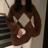 Knitted Sweater Women Oversized Argyle Sweaters Fashion Clothes Famale Long Sleeve Korean Crop Top Women Ropa De