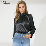 2022 Fashion Women's Satin Blouses Celmia Elegant High Collar Tunic Tops Luxury Solid Silky Shirts Lantern Sleeve Blusas